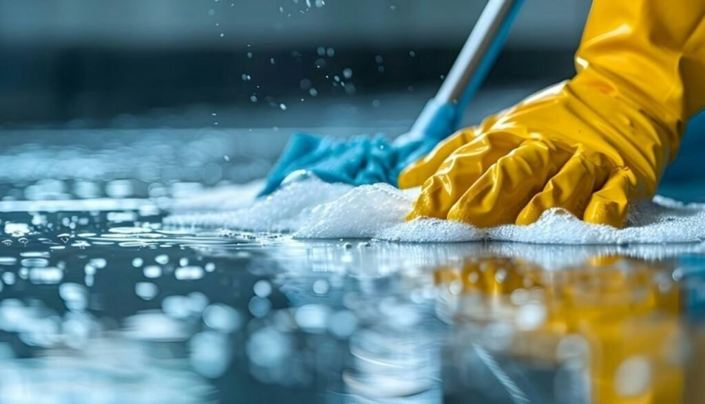 Cleaner scrubbing a floor during a deep clean