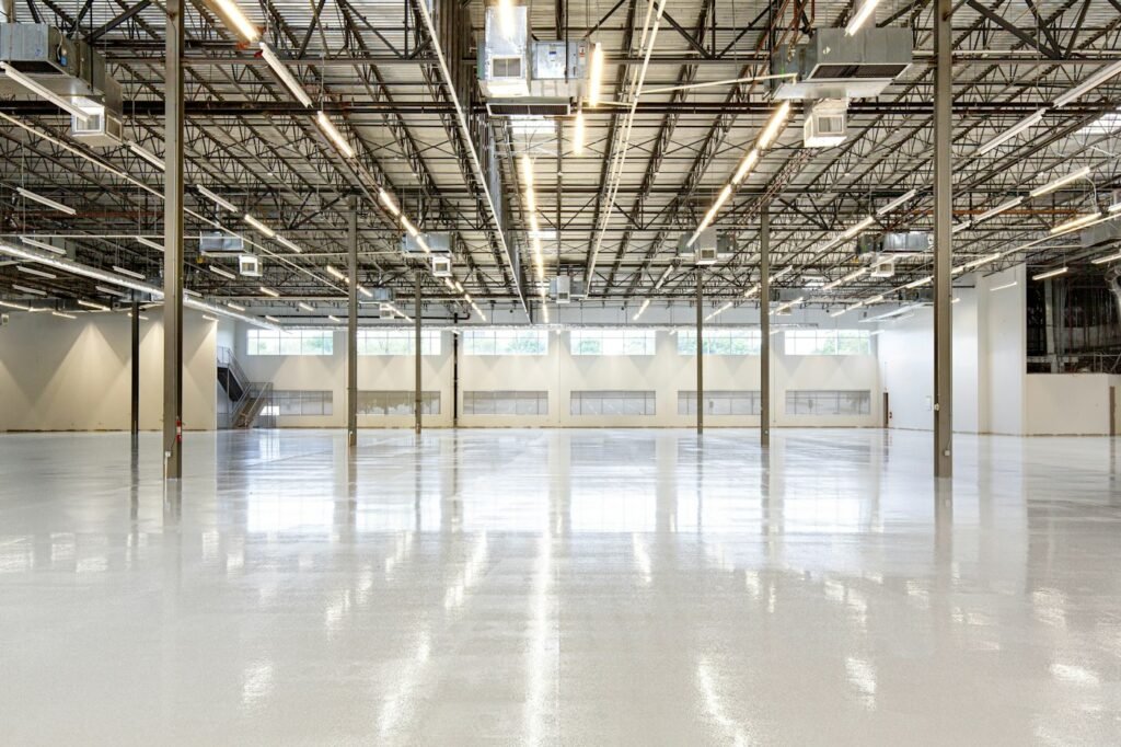 Clean warehouse with polished concrete floor